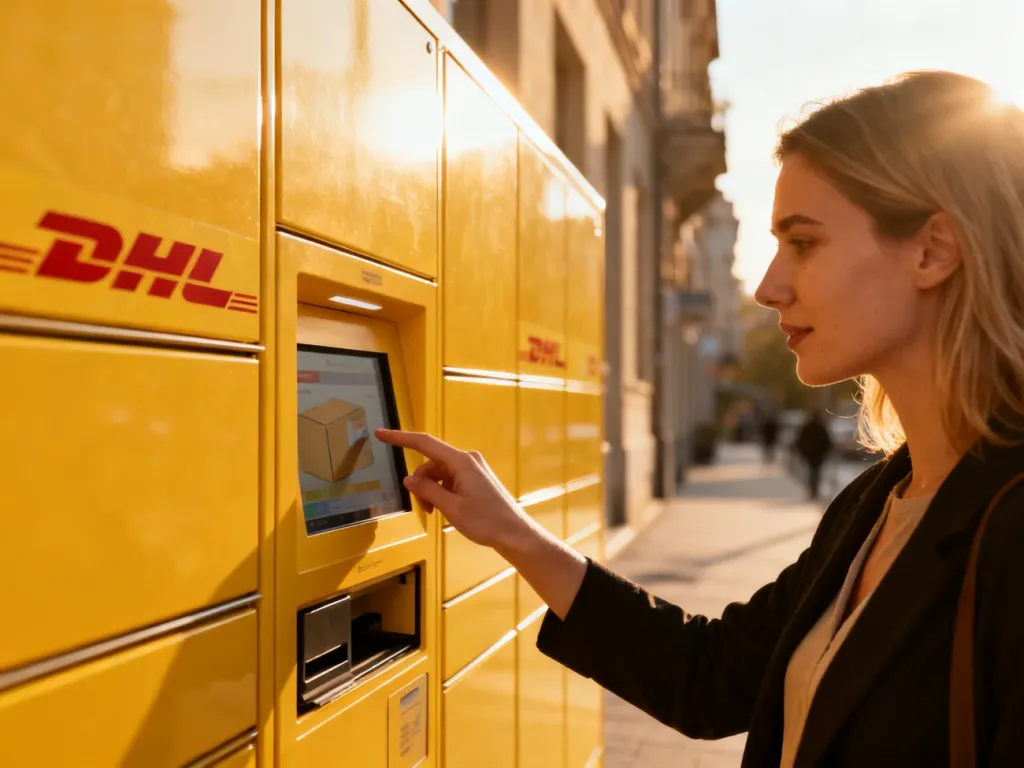 Kobieta odbiera przesyłkę z nowoczesnego automatu paczkowego DHL w świetle zachodzącego słońca.