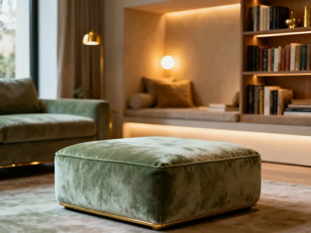 Elegancki, welurowy puf w nowoczesnym salonie z przytulnym kącikiem do czytania w tle.