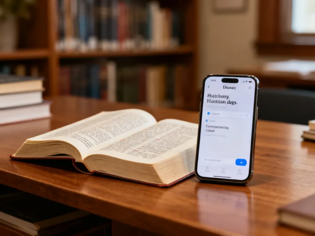 Tradycyjny słownik i smartfon z aplikacją do tłumaczeń na drewnianym biurku, symbolizujące naukę języka polskiego i ukraińskiego.