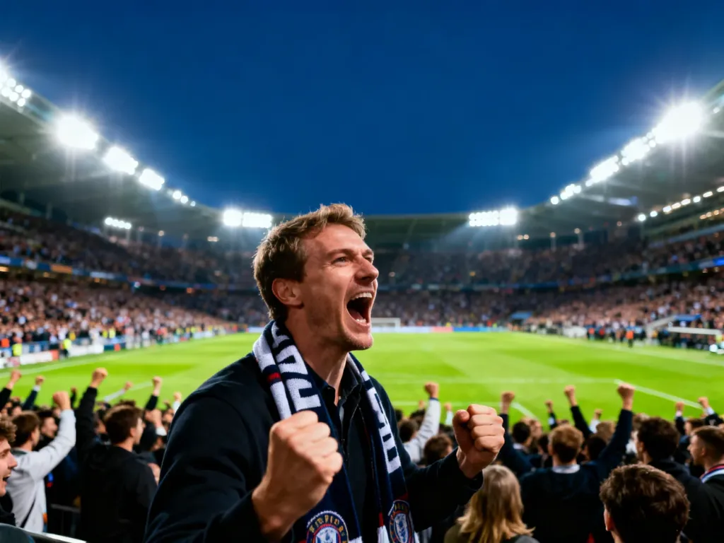 Kibic w szaliku na pełnym stadionie podczas meczu Widzewa z Legią, podkreślający emocje towarzyszące tej rywalizacji.