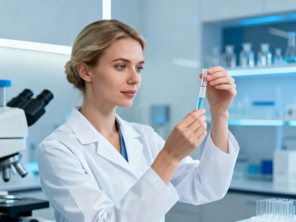 Pracownik laboratorium medycznego analizujący próbkę krwi w nowoczesnym gabinecie diagnostycznym.